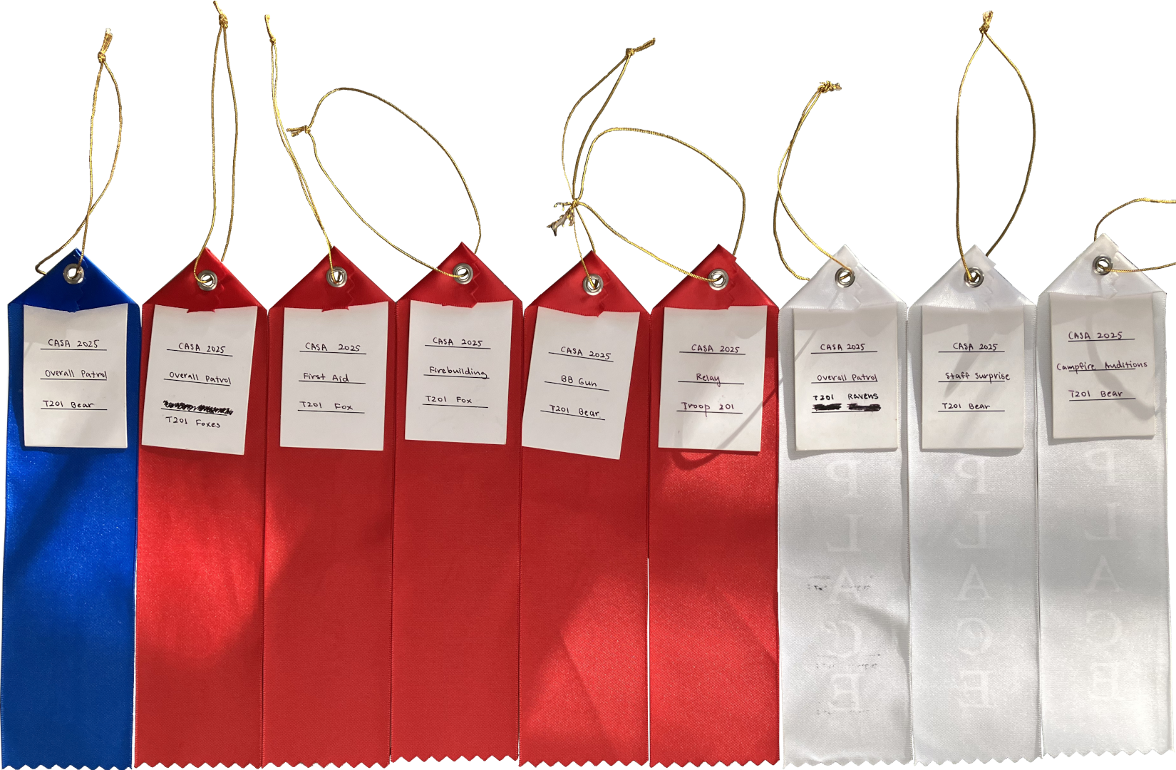 Troop 201 awards. From left to right: 1st overall patrol bear patrol, 2nd overall patrol fox patrol, 2nd first aid fox patrol, 2nd firebuilding fox patrol, 2nd BB gun bear patrol, 2nd relay T201, 3rd overall patrol raven patrol, 3rd staff surprise bear patrol, 3rd campfire auditions bear patrol