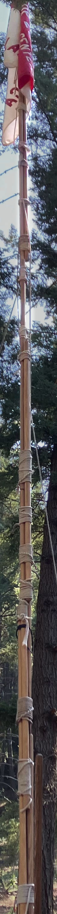 Top of flagpole: many sticks attached with round lashing and prayers such that there are at least 2 sticks at all points