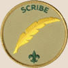 Scribe badge: the word scribe, a golden feather, a small trefoil